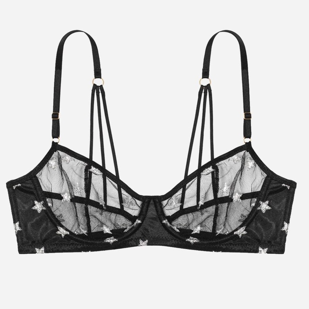 LE PETIT TROU VOLUPTE UNDERWIRE BRA-SHEER BLACK NETTING W/SILVER GLITTER STARS M